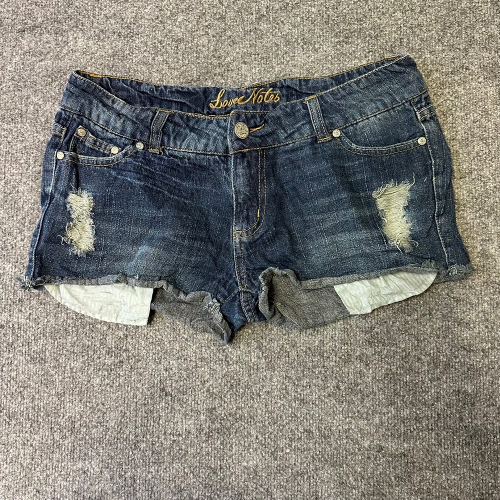 Love Notes Shorts Womens Size 9 Blue Distressed Low Rise Raw Hem Denim Casual